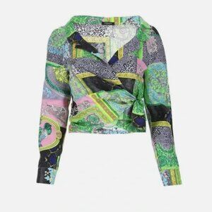Versace Barocco tie front wrap silk top